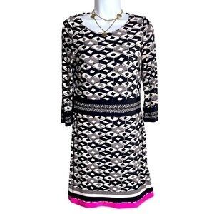 Eliza J Black & White Geometric 3/4 Sleeve Jersey Midi Print Dress